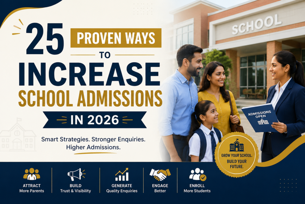 25 Proven Ways to Increase School Admissions in 2026 Featured image for 25 proven ways to increase school admissions in 2026 with parents visiting a school, admission counselor, and school marketing strategies